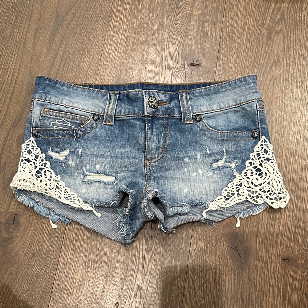 Harley-Davidson Blue Denim Shorts with White Lace